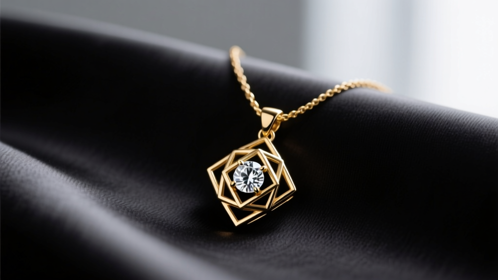 Close-up of a delicate 18k blackened gold Eva necklace pendant featuring a geometric diamond drop resting on dark silk