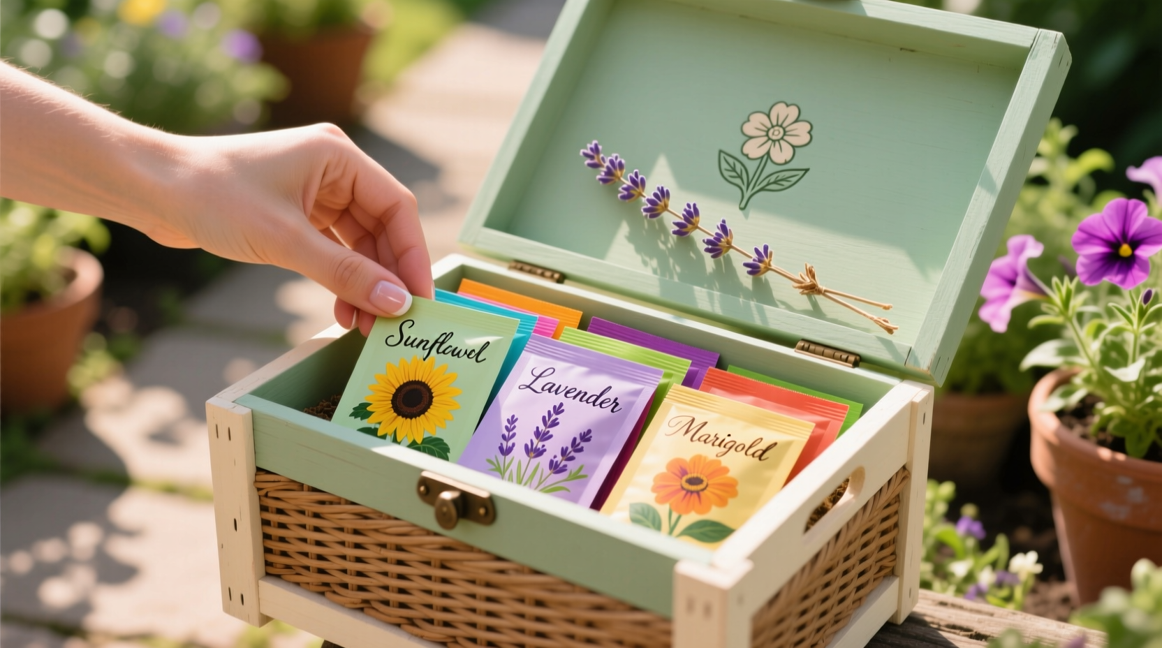 Hand placing colorful seed packets in a decorative garden gift box
