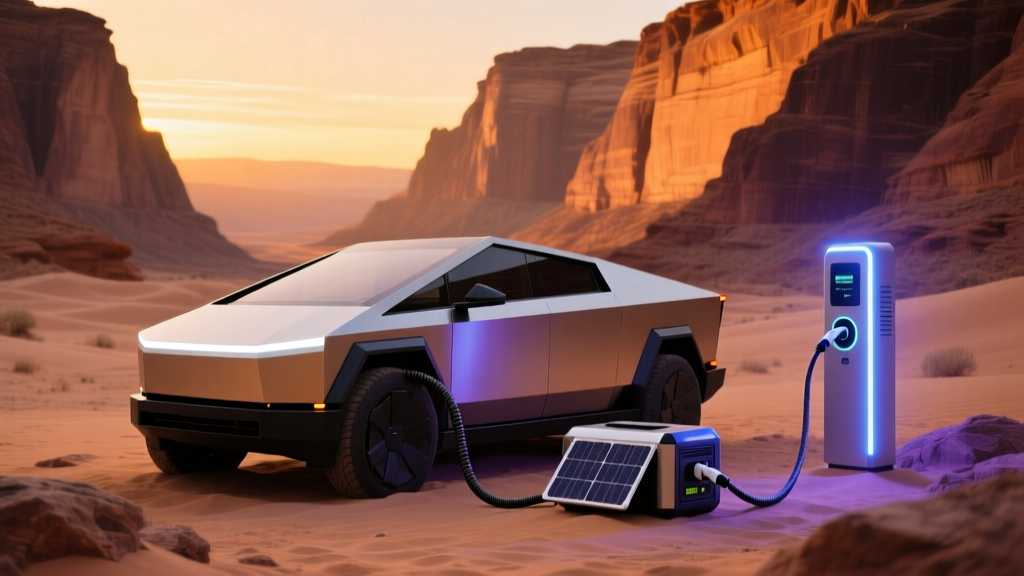 Rugged EV parked in a desert canyon, connected to a portable solar generator and glowing outdoor charging station at sunset.