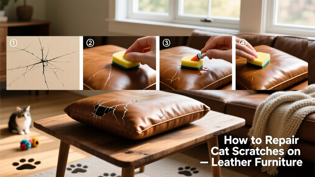 Step-by-step visual showing application of liquid colorant with sponge on a repaired leather cushion