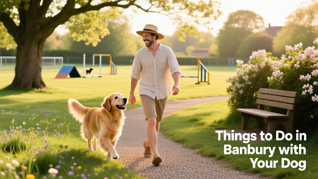 A pet parent and dog enjoying a sunny day at a dog-friendly park in Banbury.