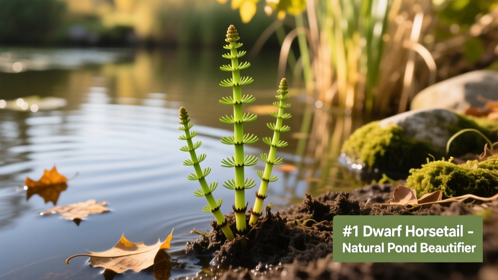 Close-up of dwarf horsetail growing along a naturalistic pond edge, with its slender green stems rising from moist soil
