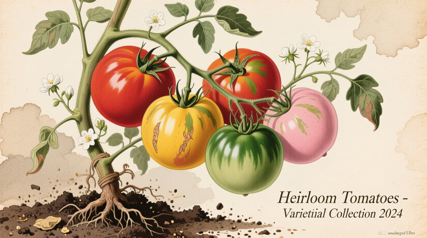 Colorful heirloom tomatoes on vine with soil