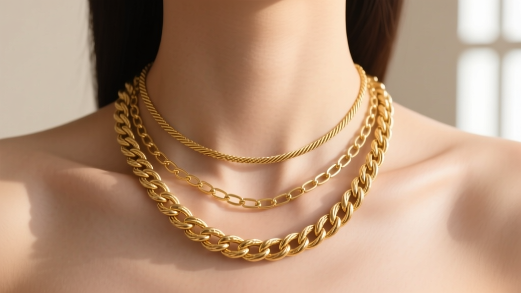 Collarbone wearing a three-layer gold necklace stack with a delicate cable chain, medium figaro, and thick rope chain.