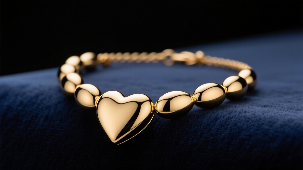 14k gold puffed heart necklace on dark velvet, lit by soft studio lighting to show its smooth, rounded and polished surface