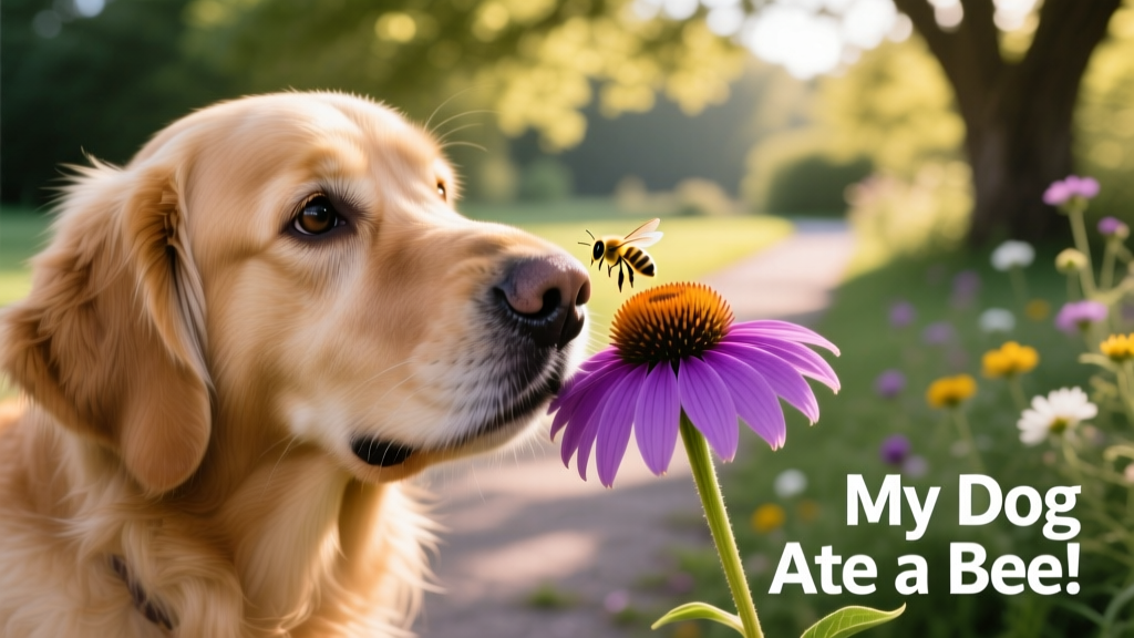 Close-up of a dog gently sniffing a flower, with a bee visible nearby