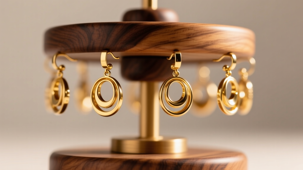 Close-up of a rotating earring display made of solid walnut wood, showcasing dangling gold earrings, lit by warm studio lighting.