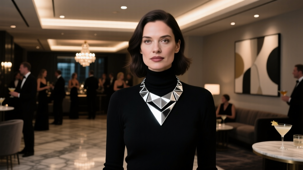 Woman wearing a geometric silver Aldo statement necklace over a black turtleneck sweater at a dimly lit upscale cocktail party