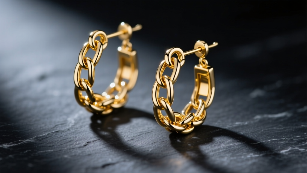 Macro photography of 18-gauge 14k yellow gold box chain dangle earrings catching studio light against a dark slate background