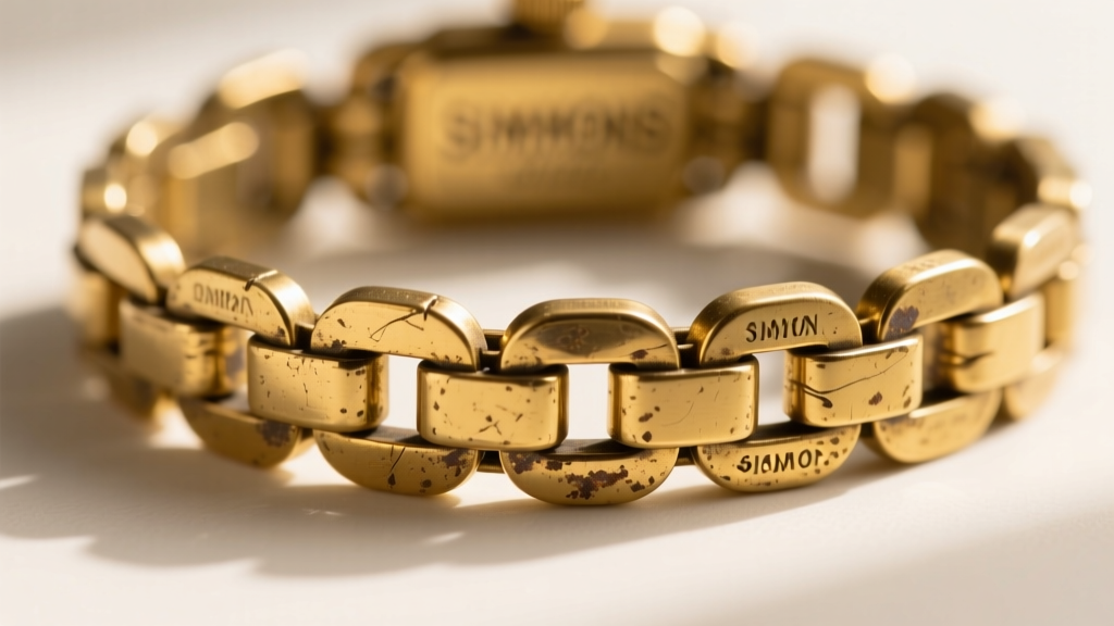 Macro view of a 1920s vintage Simmons rolled gold watch chain, displaying the clasp and subtle patina within the intricate links.