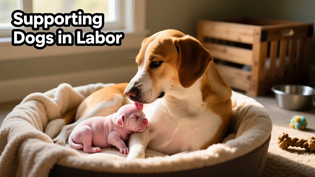 Mother dog gently cleaning a newborn puppy while lying in a cozy whelping box