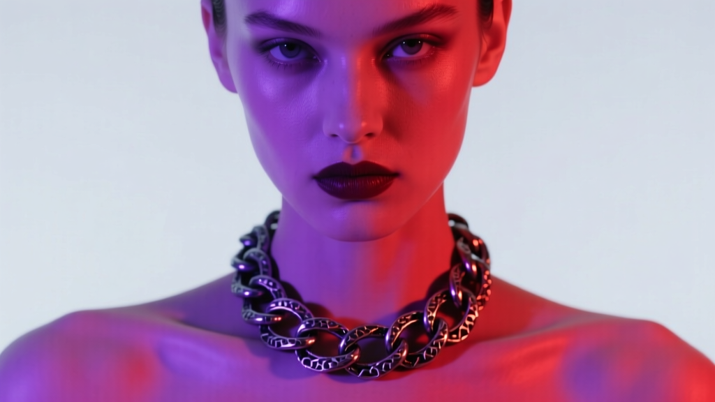 Model wearing an oxidized sterling silver goth chain necklace, illuminated by dramatic neon purple and crimson studio lighting