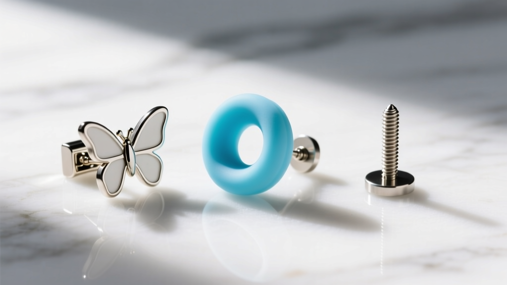 Three earring backings on marble: a standard butterfly clutch, a wide silicone support disc, and a threaded flat back post.