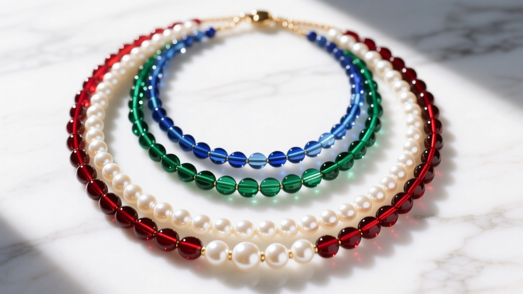 Top-down shot of three layered Eliou necklaces with Czech glass beads and pearls on white marble under bright natural sunlight