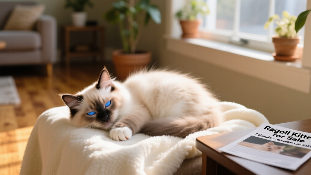 A gentle, blue-eyed Ragdoll kitten resting peacefully on a soft blanket