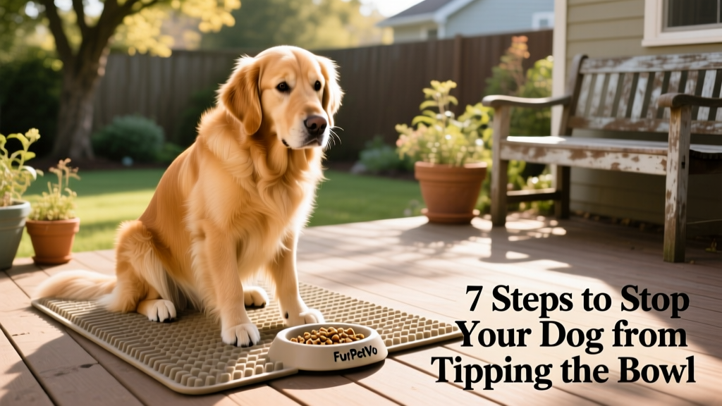 Golden Retriever using a FurPetVo slow-feed mat with kibble tucked into raised ridges
