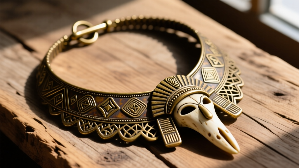 Flat lay of a brass and bone tribal chief necklace on rustic wood, highlighting intricate metalwork and a heavy toggle clasp.