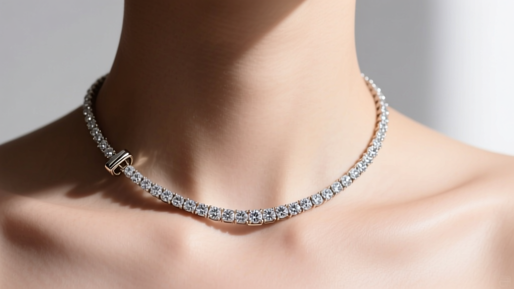 Close-up of a diamond tennis necklace laying perfectly flat on a collarbone, highlighting a hidden weighted clasp at the nape