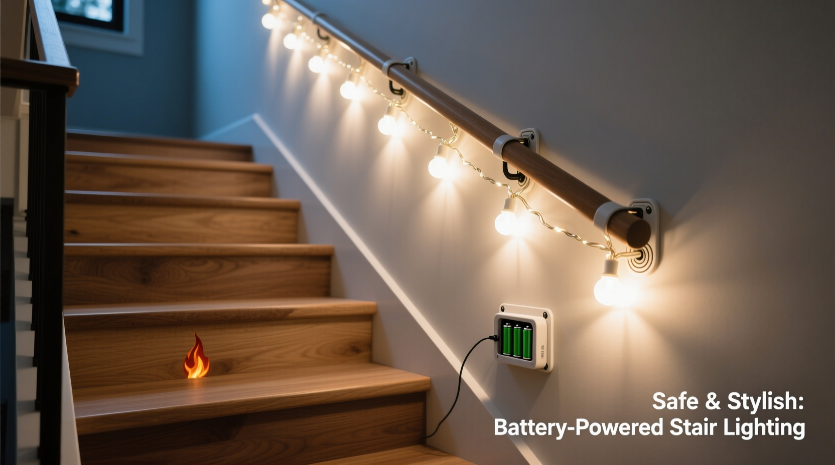 how to decorate a staircase with battery operated string lights safely