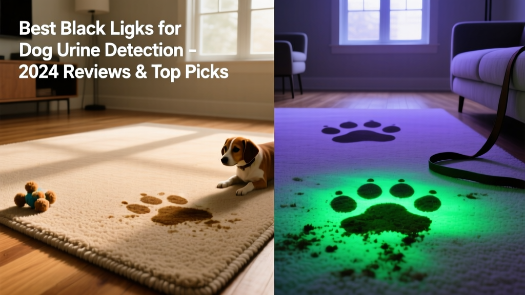 Side-by-side comparison showing UV light revealing hidden urine stains on beige carpet versus normal lighting