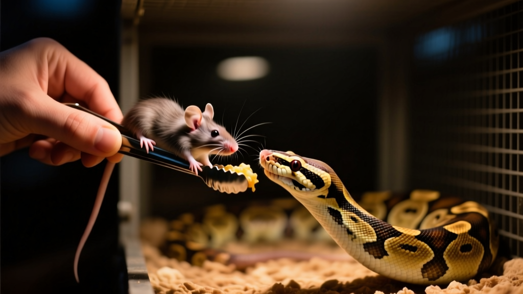 Hand holding feeding tongs with a warmed rat near a ball python’s head in a dimly lit enclosure—snake showing interest but not yet striking