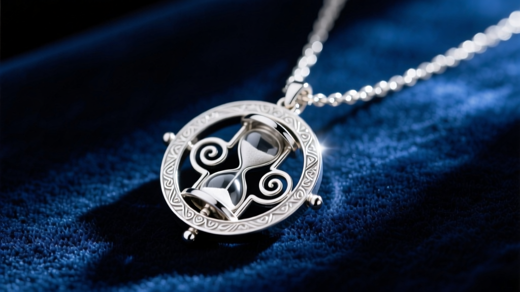 Sterling silver Hermione time turner necklace on dark velvet, showing the intricate hourglass and spinning outer ring details.