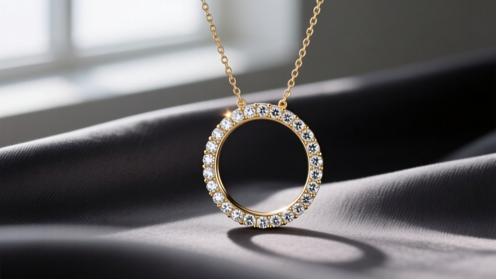 Close-up of a 14k white gold open circle pendant necklace with pave-set round diamonds resting on dark charcoal silk fabric.