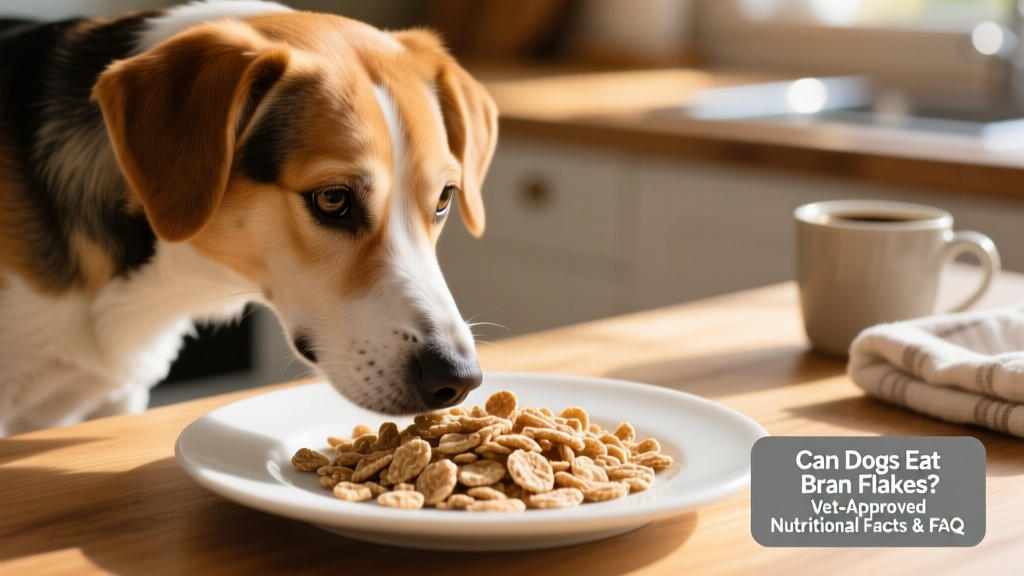 Close-up of a dog gently sniffing a few plain bran flakes placed on a clean plate