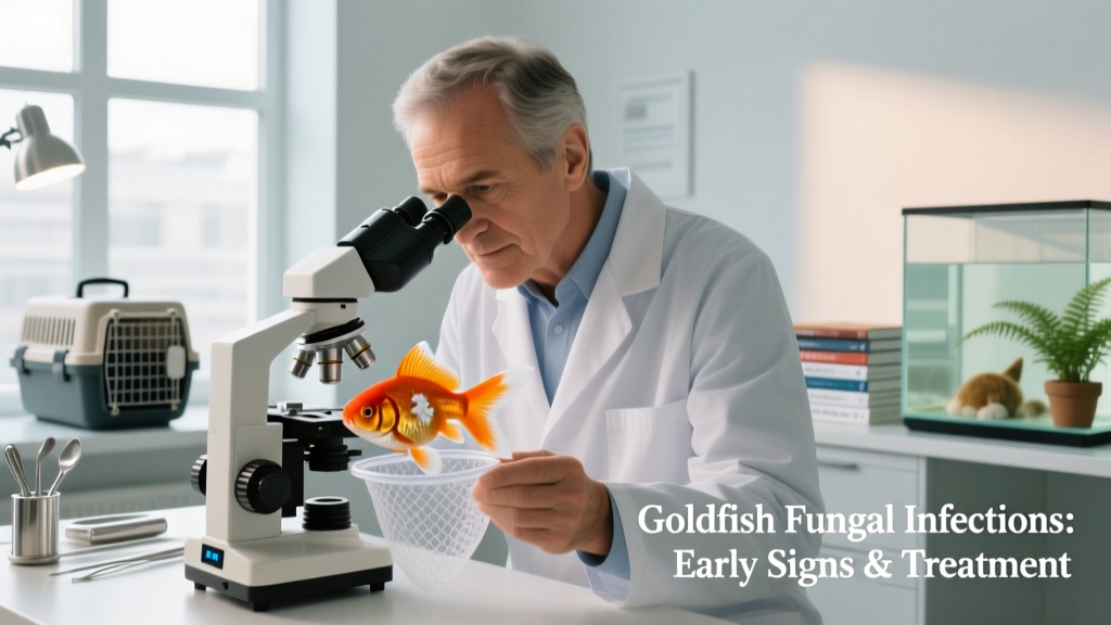 Veterinarian examining a goldfish under magnification in a clinical setting