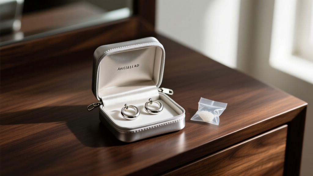 Anti-tarnish bag containing silver-plated hoop earrings and a small silica gel packet, resting on a dark wooden vanity surface.