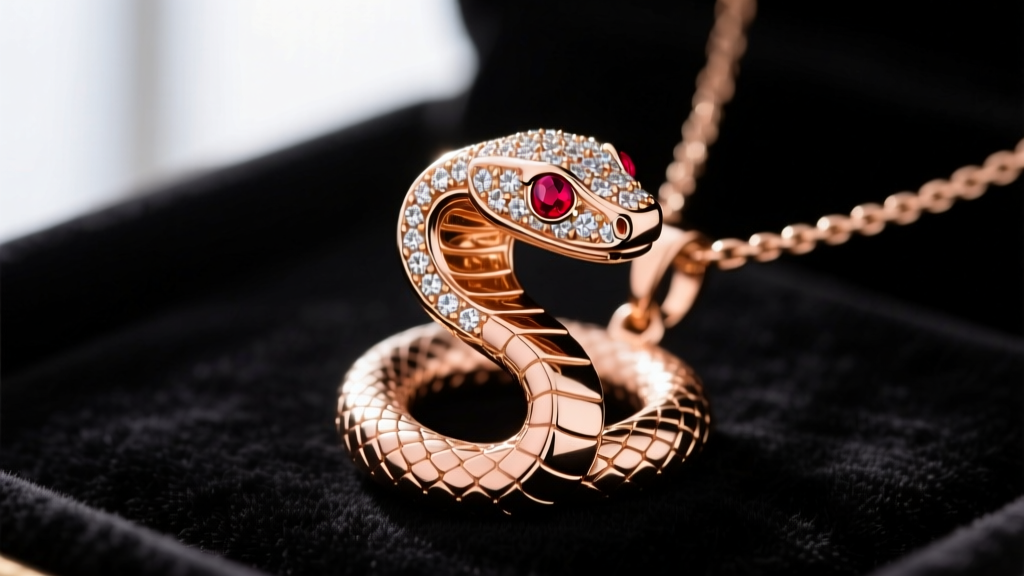 Macro shot of an 18k rose gold Bvlgari Serpenti necklace pendant featuring brilliant pave diamonds and ruby eyes on dark velvet.