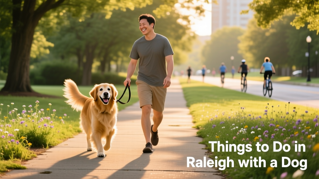 A dog and pet parent walking along a paved greenway trail in Raleigh.
