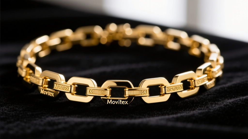 Macro of an 18k gold Movitex necklace on dark velvet, showing dual-axis micro-hinged interlocking links