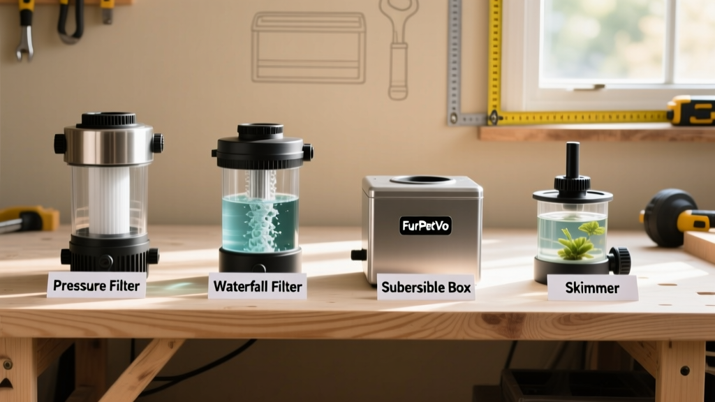 Side-by-side comparison of four FurPetVo pond filtration units: pressure filter, waterfall filter, submersible box, and skimmer—set on a clean workshop bench