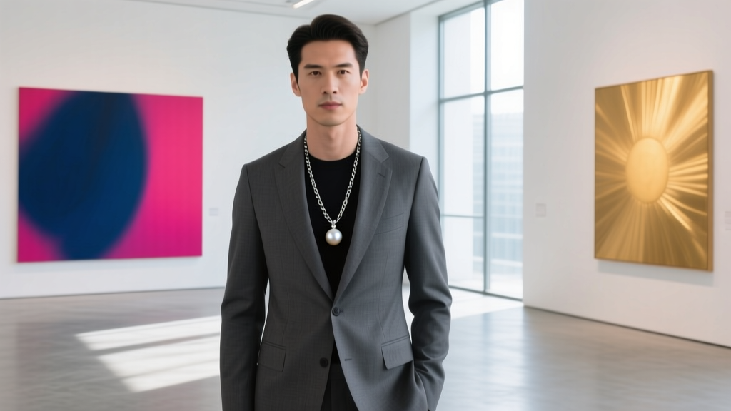 Man in a charcoal suit wearing an 11mm black pearl pendant on an oxidized silver chain, standing in a modern art gallery space.