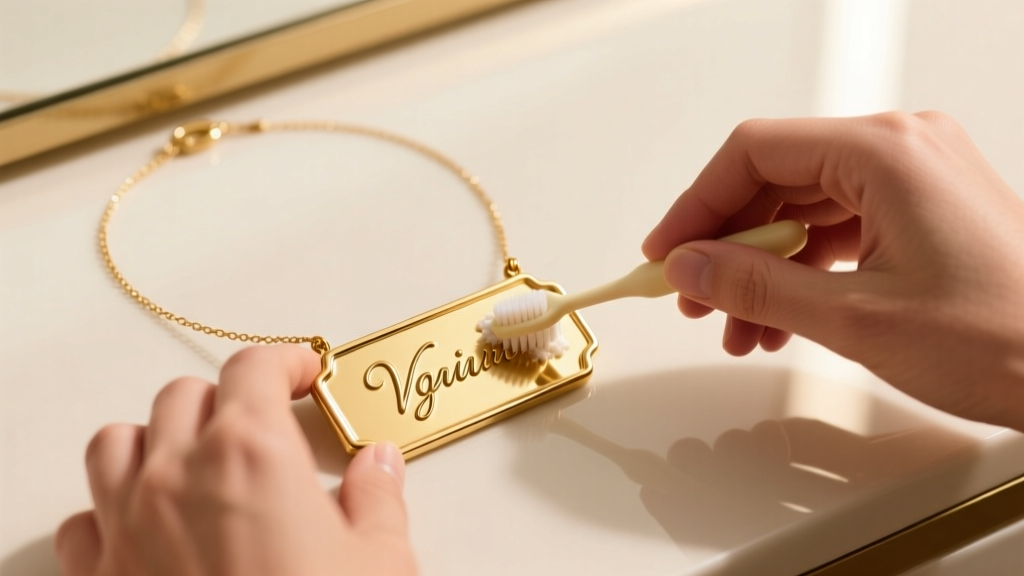 Hands gently scrubbing cursive lettering of a gold nameplate necklace with a soft baby toothbrush under warm vanity lighting.