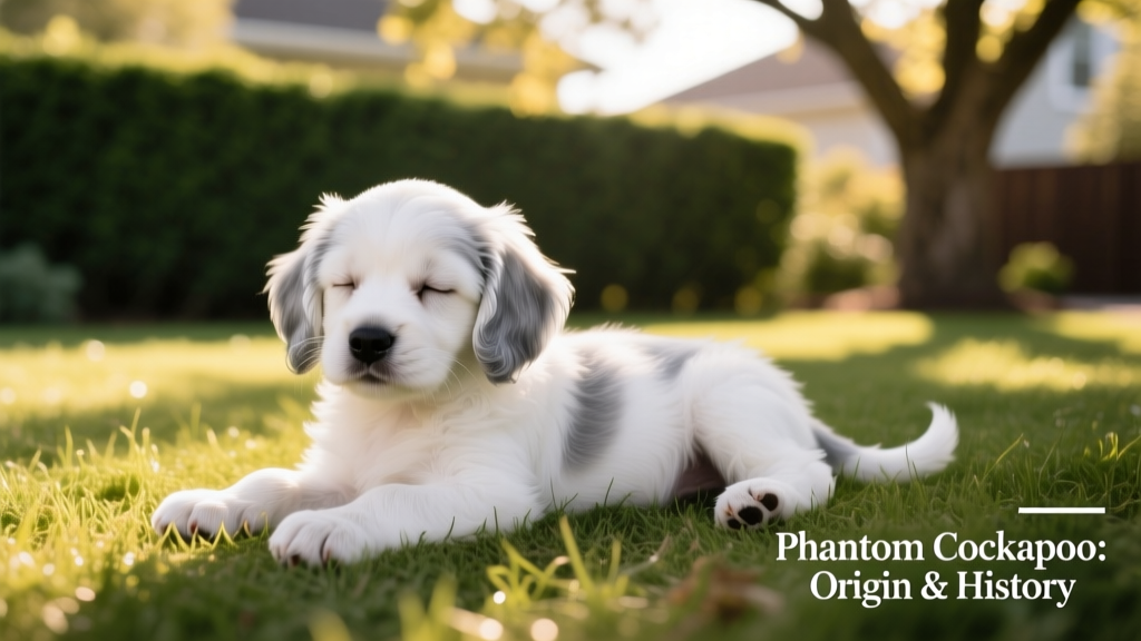 a phantom cockapoo puppy lying on grass