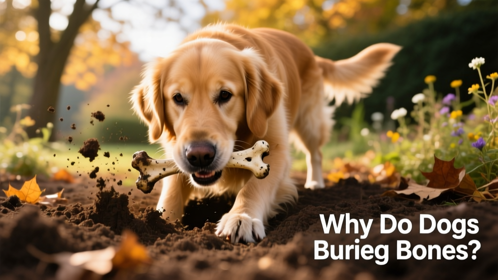 A golden retriever digging in soft soil with a bone in its mouth