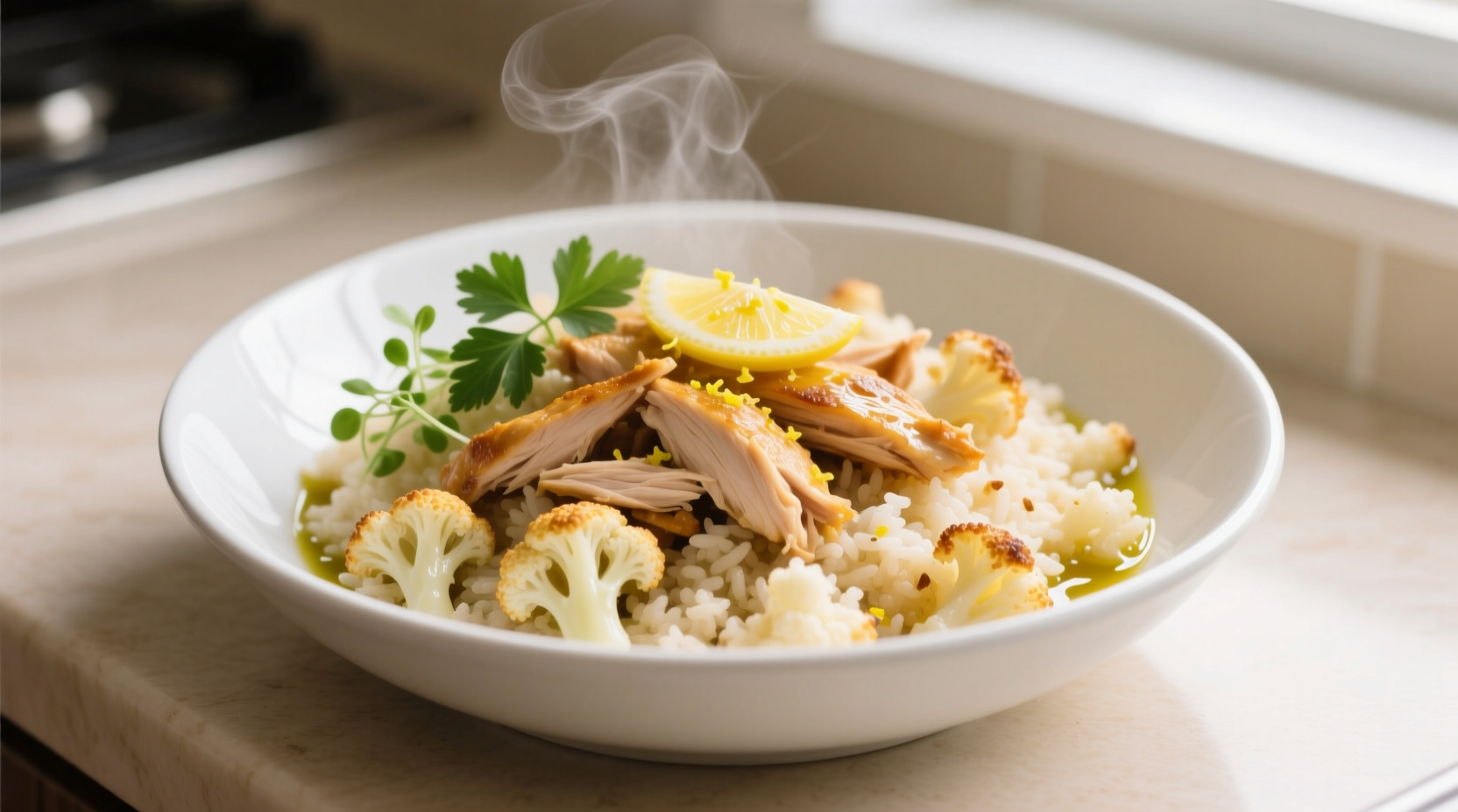 Perfectly cooked chicken cauliflower rice in white bowl