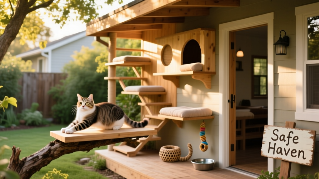 A cozy, secure catio with climbing shelves, perches, and shaded resting spots—designed to give indoor cats safe outdoor enrichment