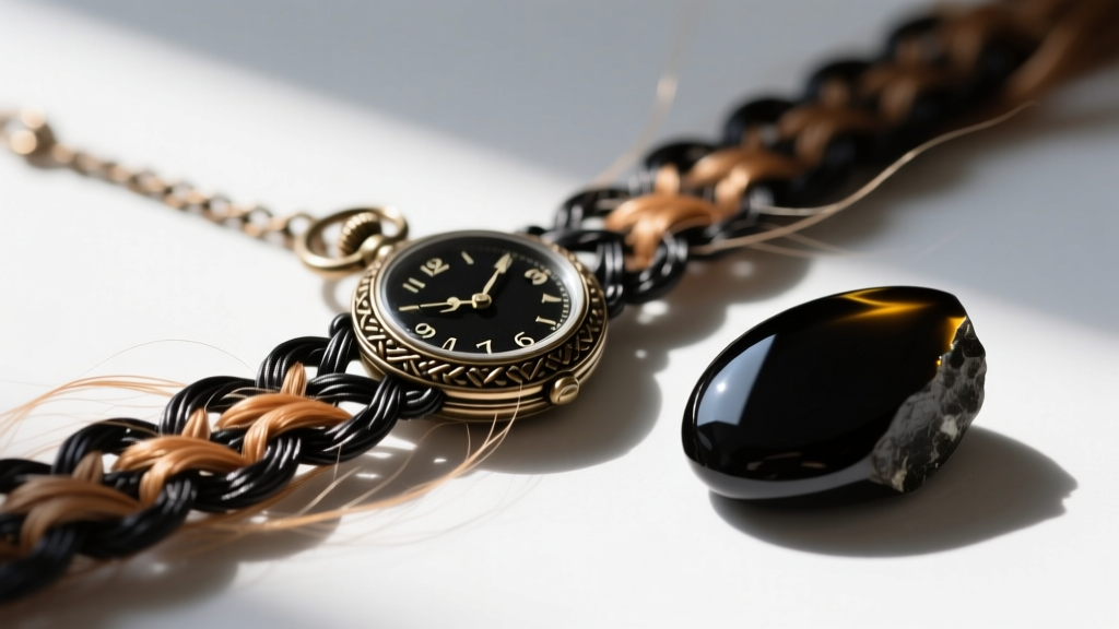 Macro shot of a woven Victorian hairwork watch chain beside raw Whitby jet, highlighting intricate texture and dark craftsmanship