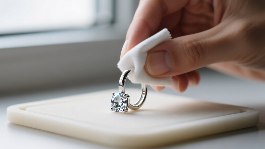 Jeweler gently wiping a sterling silver and crystal huggie earring with a microfiber cloth over a soft silicone jewelry work mat.