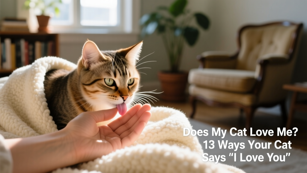 Close-up of a cat gently licking its human’s hand while resting on a soft blanket