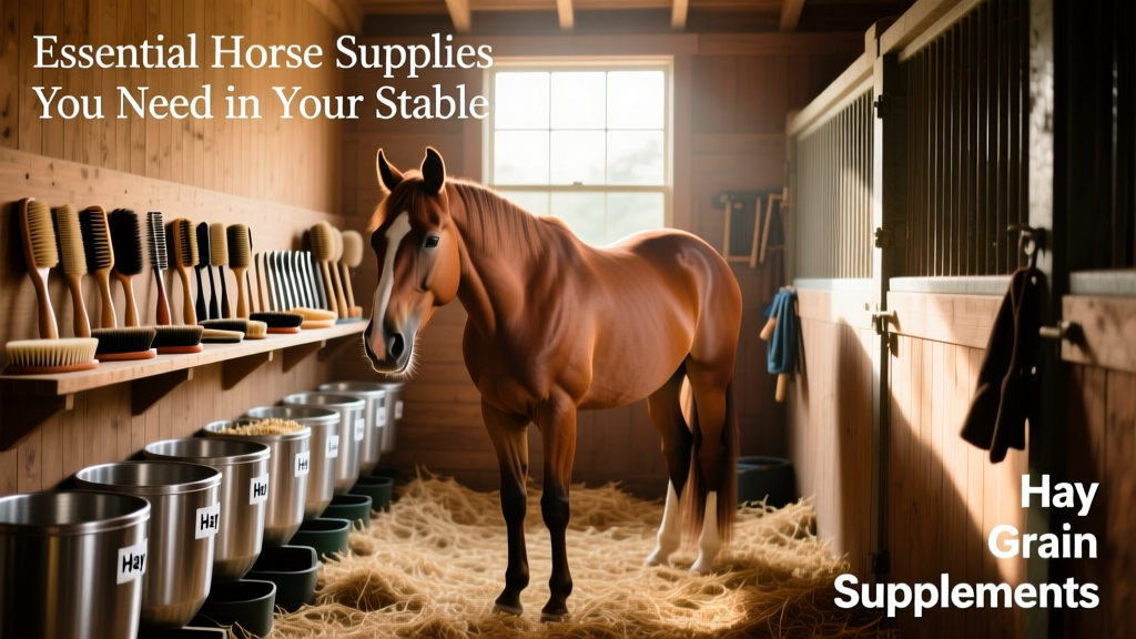 A well-organized stable with neatly arranged grooming tools, feed bins, and a calm horse in its stall