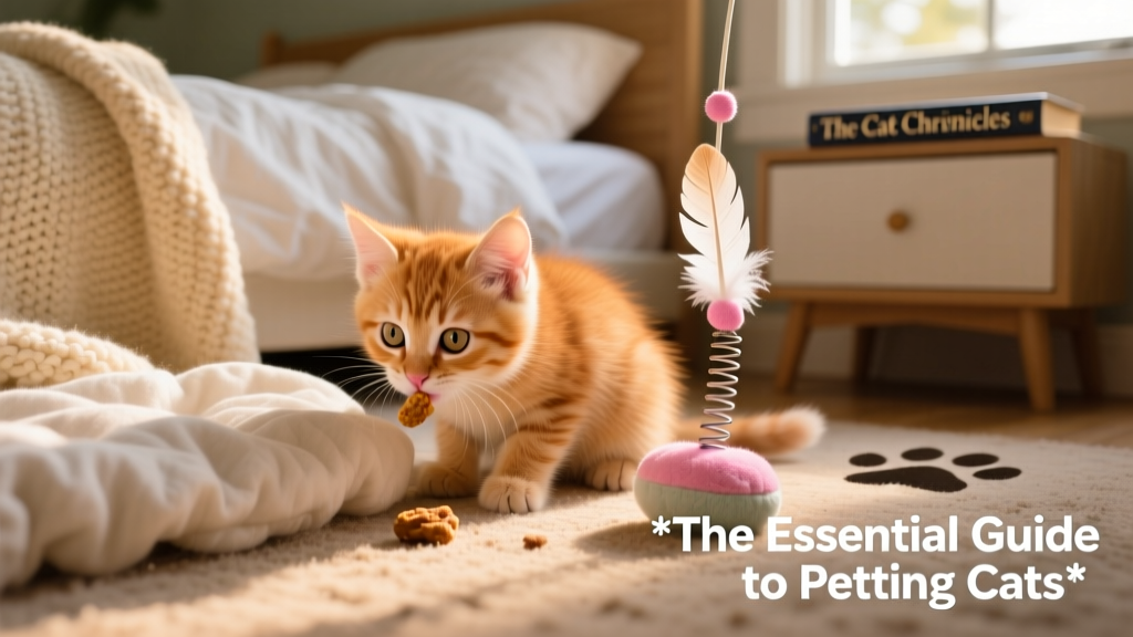 A curious kitten sniffing a treat placed near a cozy bed, with a FurPetVo toy nearby