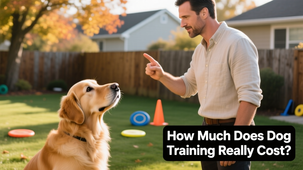 A calm, attentive dog looking up at their trainer during a quiet, focused one-on-one session