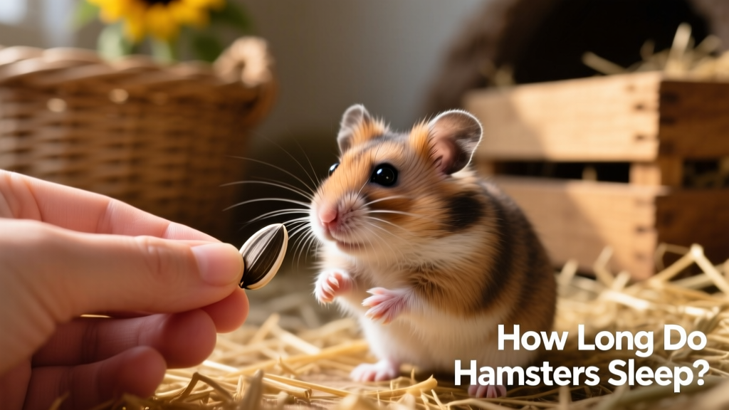 Gentle hand offering a sunflower seed to a calm, awake Syrian hamster