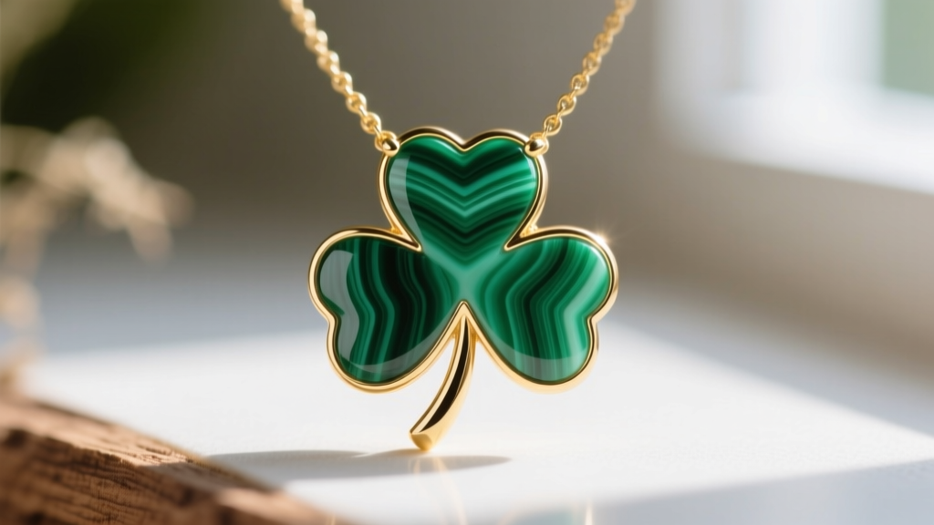 Macro shot of a four leaf clover necklace inlay showing vibrant green malachite with natural banding set in a polished gold bezel.
