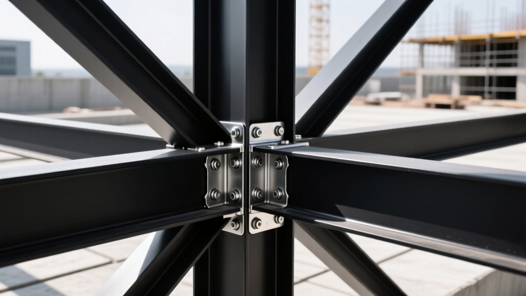 Black powder-coated Fortress Evolution steel deck joists intersecting at a structural post with galvanized connection hardware