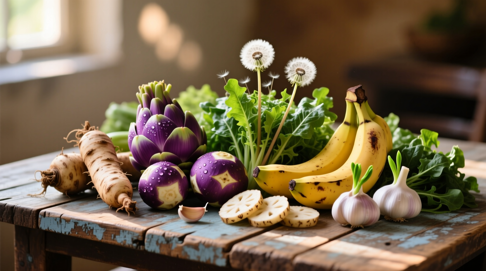 Colorful assortment of prebiotic-rich foods on wooden table